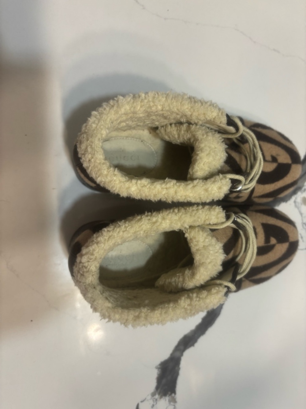 Gucci Beige and Brown GG Logo Shearling-Trim Boots - Picture 4 of 6